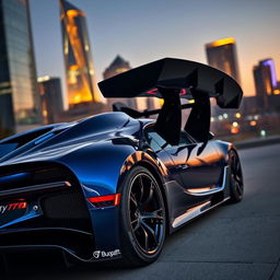 A stunning Bugatti Chiron Pur Sport with the rear wing of a Koenigsegg Jesko, positioned in an urban environment at twilight