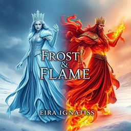 A stunning book cover design for 'Frost & Flame' by Eira Ignatius, featuring a powerful ice queen with frosty, crystalline features and flowing, shimmering ice-blue robes