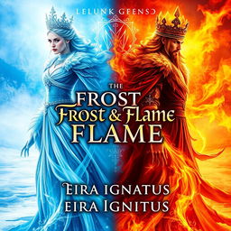 A stunning book cover design for 'Frost & Flame' by Eira Ignatius, featuring a powerful ice queen with frosty, crystalline features and flowing, shimmering ice-blue robes