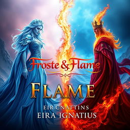 A stunning book cover design for 'Frost & Flame' by Eira Ignatius, featuring a powerful ice queen with frosty, crystalline features and flowing, shimmering ice-blue robes