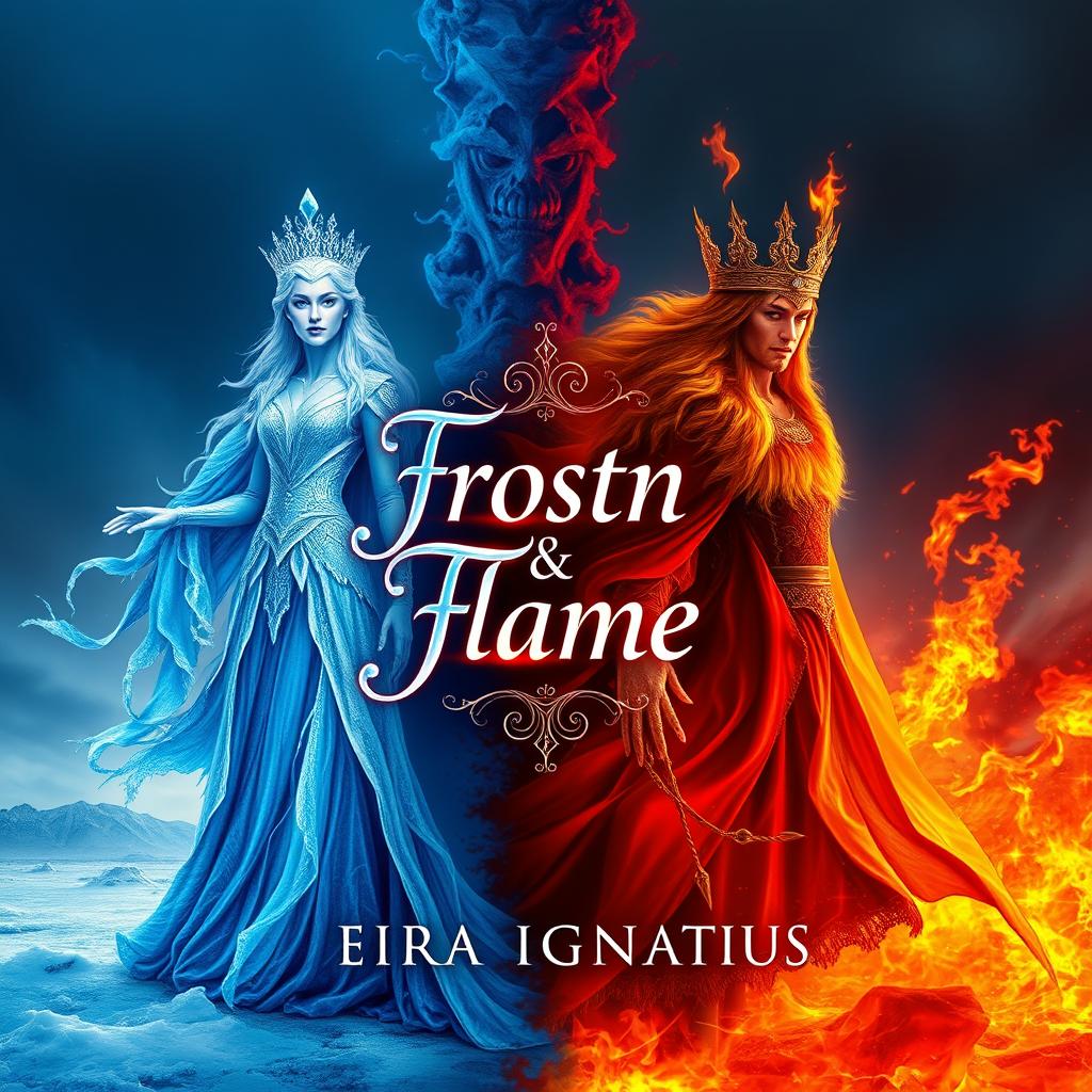 A stunning book cover design for 'Frost & Flame' by Eira Ignatius, featuring a powerful ice queen with frosty, crystalline features and flowing, shimmering ice-blue robes