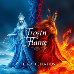 A stunning book cover design for 'Frost & Flame' by Eira Ignatius, featuring a powerful ice queen with frosty, crystalline features and flowing, shimmering ice-blue robes