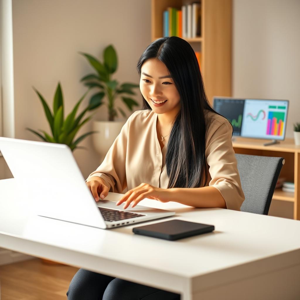 A 30-year-old East Asian woman sitting at a sleek modern desk, focused on her work on a laptop