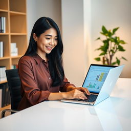 A 30-year-old East Asian woman sitting at a sleek modern desk, focused on her work on a laptop