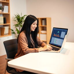 A 30-year-old East Asian woman sitting at a sleek modern desk, focused on her work on a laptop