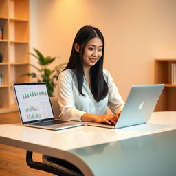 A 30-year-old East Asian woman sitting at a sleek modern desk, focused on her work on a laptop