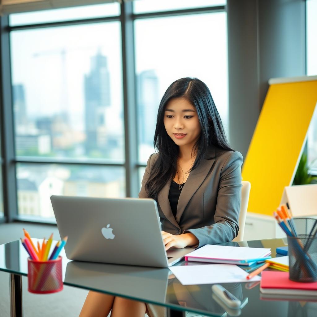 A 30-year-old Asian woman working in a modern office setting