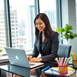 A 30-year-old Asian woman working in a modern office setting