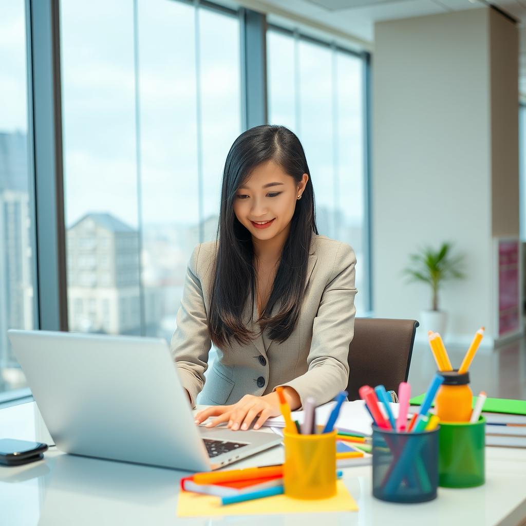 A 30-year-old Asian woman working in a modern office setting