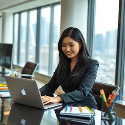 A 30-year-old Asian woman working in a modern office setting