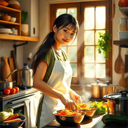 An Oriental woman in her 30s, gracefully standing in her home kitchen, preparing a delicious meal