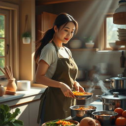 An Oriental woman in her 30s, gracefully standing in her home kitchen, preparing a delicious meal