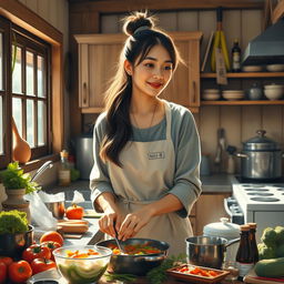 An Oriental woman in her 30s, gracefully standing in her home kitchen, preparing a delicious meal