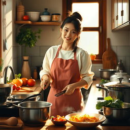 An Oriental woman in her 30s, gracefully standing in her home kitchen, preparing a delicious meal