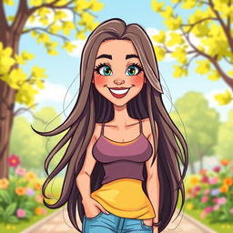 A vibrant cartoon illustration of a 30-year-old woman with long, flowing hair and bright, expressive eyes