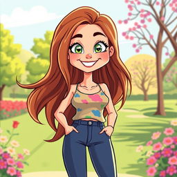 A vibrant cartoon illustration of a 30-year-old woman with long, flowing hair and bright, expressive eyes