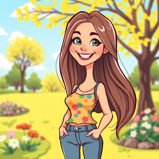 A vibrant cartoon illustration of a 30-year-old woman with long, flowing hair and bright, expressive eyes