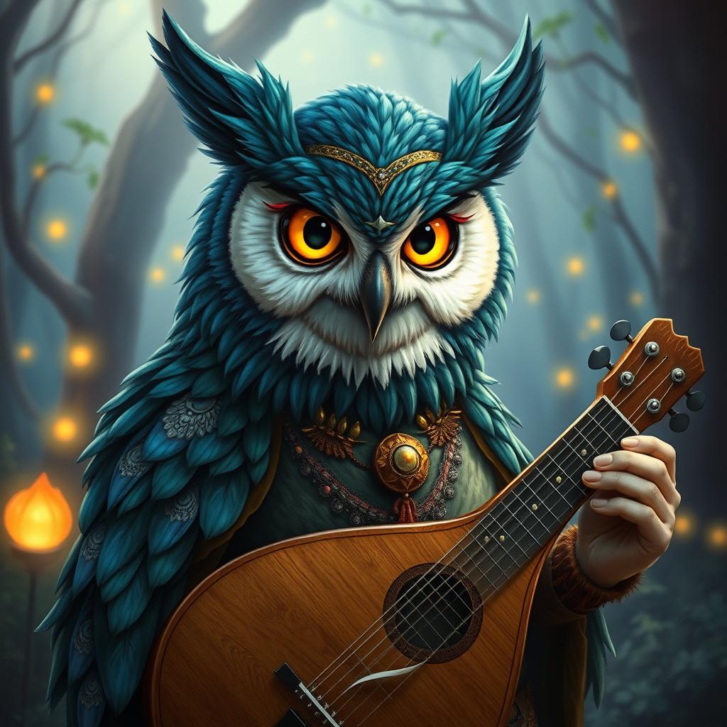 A portrait of a charismatic owlin bard, featuring vibrant feathers with shades of deep blue and green