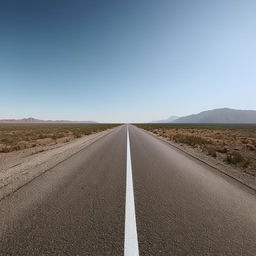 A single-lane freeway stretching far into the horizon, amidst serene landscapes and under a vast open sky.