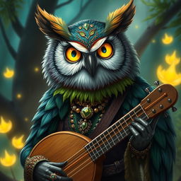 A portrait of a charismatic owlin bard, featuring vibrant feathers with shades of deep blue and green