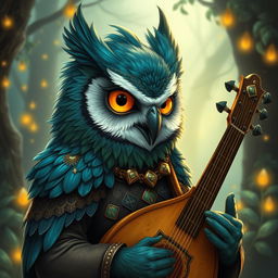 A portrait of a charismatic owlin bard, featuring vibrant feathers with shades of deep blue and green