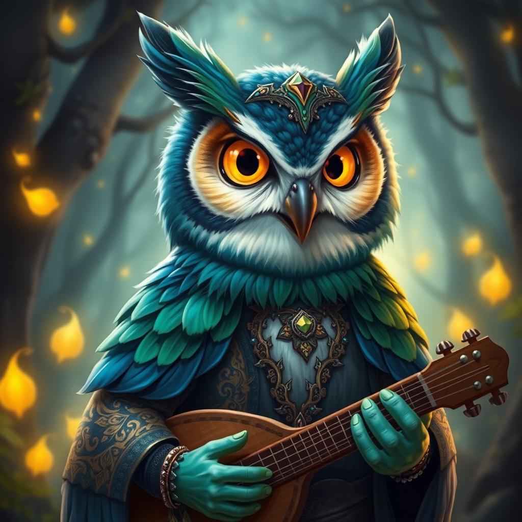 A portrait of a charismatic owlin bard, featuring vibrant feathers with shades of deep blue and green