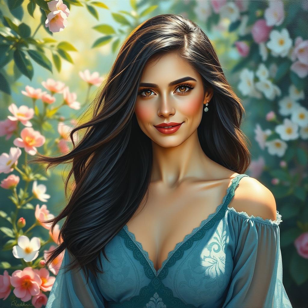 A stunning oil painting of a 30-year-old woman with long, flowing dark hair and deep brown eyes