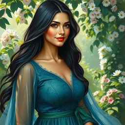 A stunning oil painting of a 30-year-old woman with long, flowing dark hair and deep brown eyes