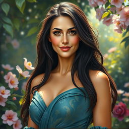 A stunning oil painting of a 30-year-old woman with long, flowing dark hair and deep brown eyes