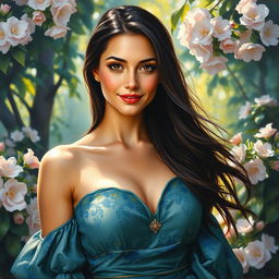 A stunning oil painting of a 30-year-old woman with long, flowing dark hair and deep brown eyes