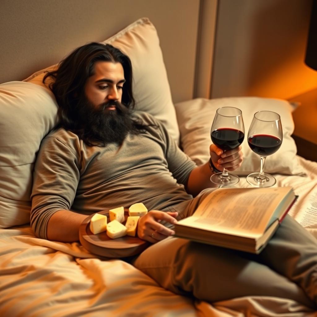 A bearded man with long black hair lounging comfortably on a plush bed, surrounded by soft pillows