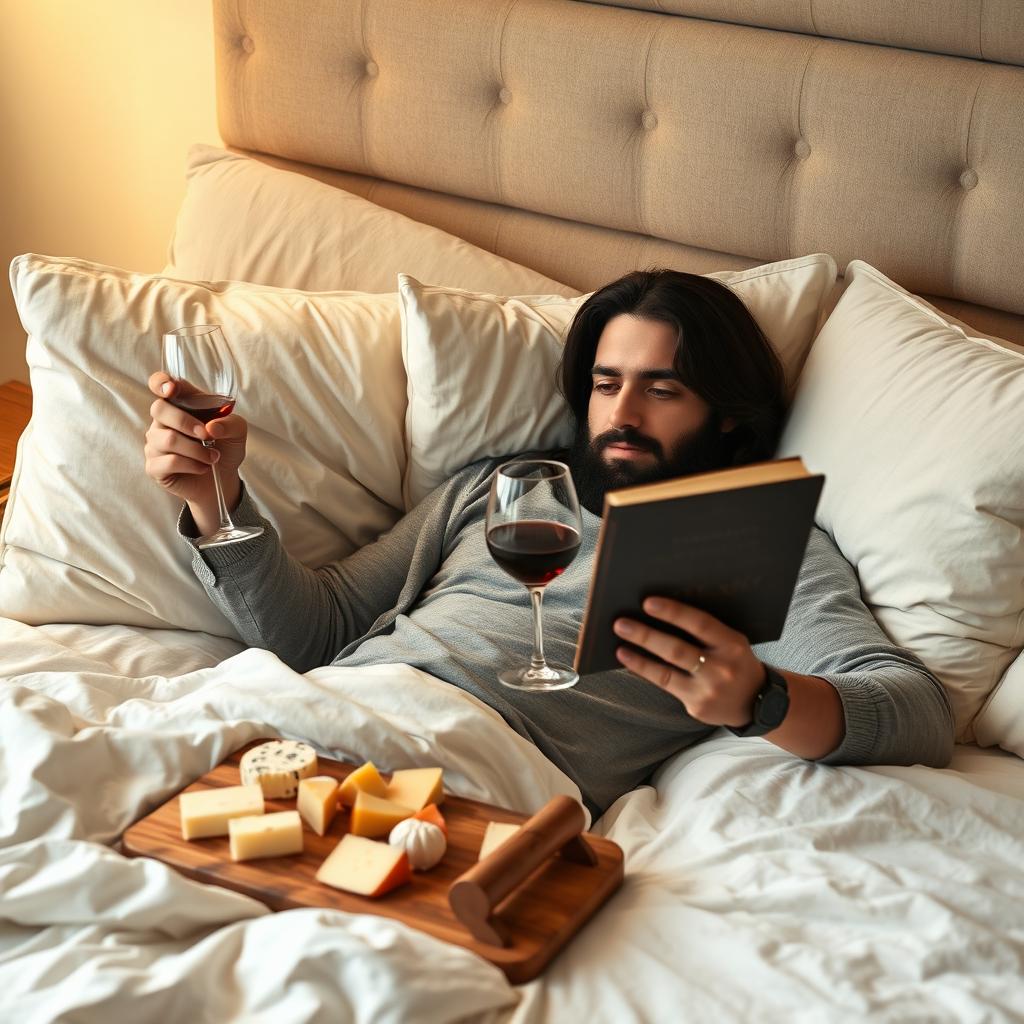 A bearded man with long black hair lounging comfortably on a plush bed, surrounded by soft pillows