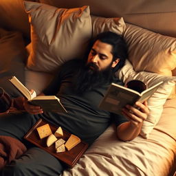 A bearded man with long black hair lounging comfortably on a plush bed, surrounded by soft pillows