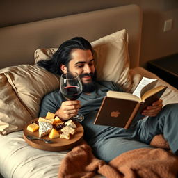 A bearded man with long black hair lounging comfortably on a plush bed, surrounded by soft pillows