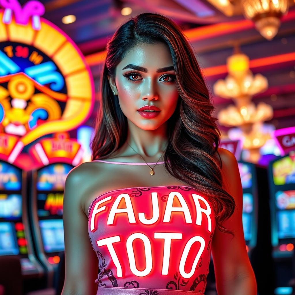 A stunning, beautiful woman with a captivating charm, donning an outfit featuring the glowing neon text "FAJAR TOTO