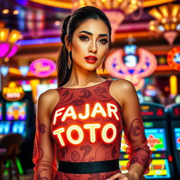 A stunning, beautiful woman with a captivating charm, donning an outfit featuring the glowing neon text "FAJAR TOTO