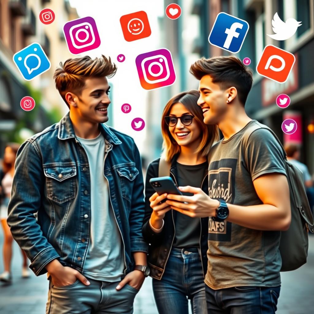 A lively scene featuring two fashionable young men and a stylish girl, all engaged in a friendly discussion while surrounded by social media elements