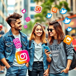 A lively scene featuring two fashionable young men and a stylish girl, all engaged in a friendly discussion while surrounded by social media elements