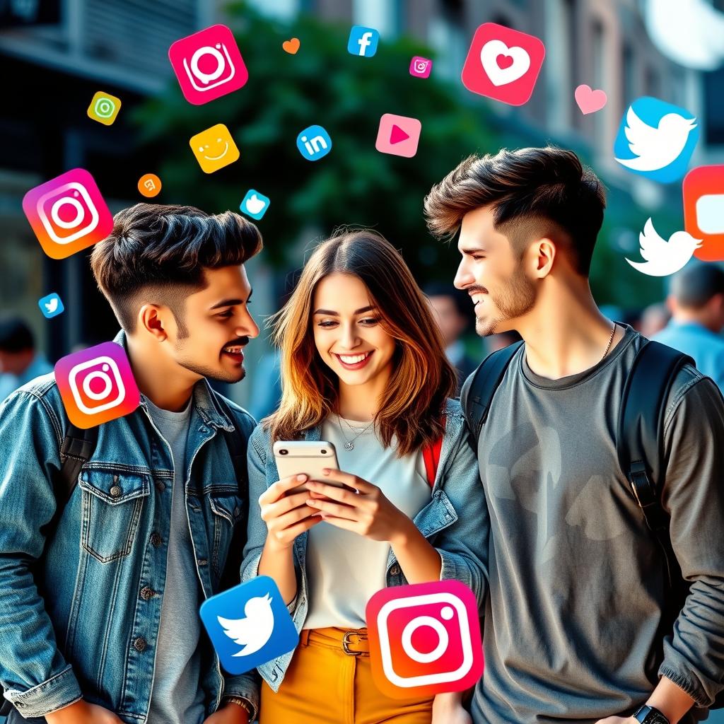 A lively scene featuring two fashionable young men and a stylish girl, all engaged in a friendly discussion while surrounded by social media elements