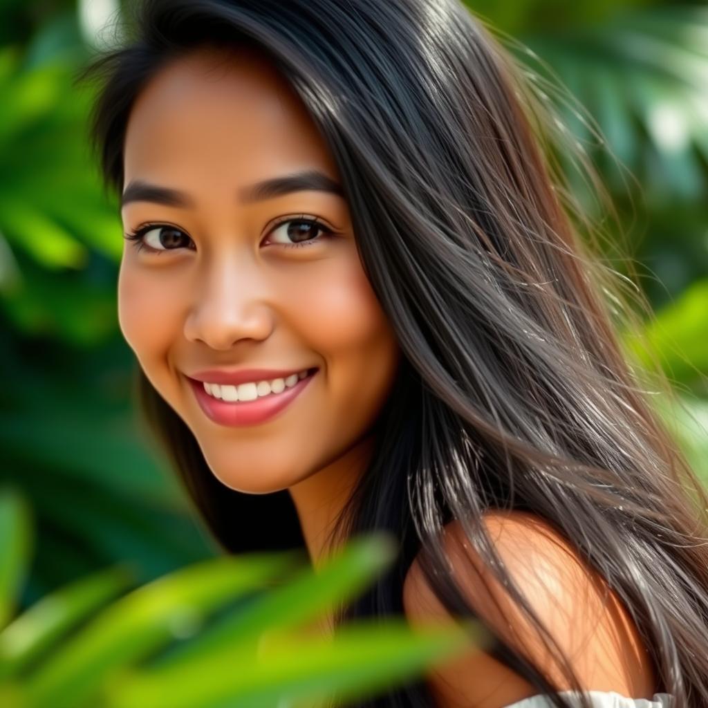 A portrait of a 30-year-old Filipino woman, with long, flowing black hair, warm brown skin, and expressive dark eyes