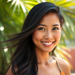 A portrait of a 30-year-old Filipino woman, with long, flowing black hair, warm brown skin, and expressive dark eyes