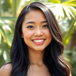 A portrait of a 30-year-old Filipino woman, with long, flowing black hair, warm brown skin, and expressive dark eyes