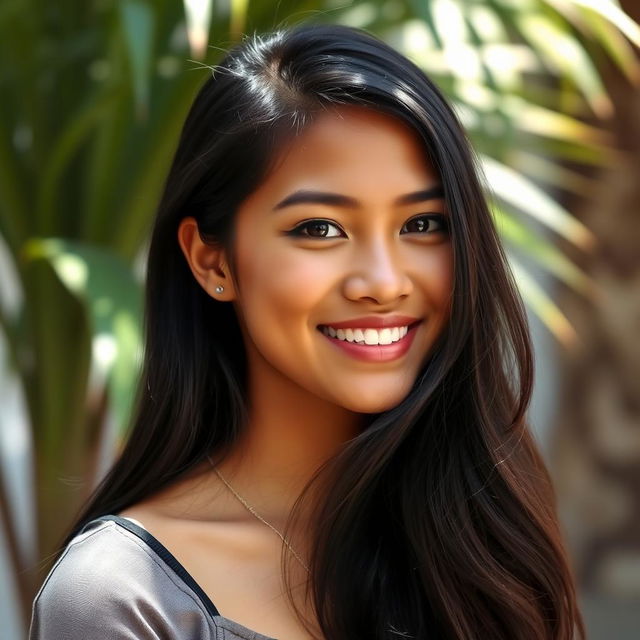 A portrait of a 30-year-old Filipino woman, with long, flowing black hair, warm brown skin, and expressive dark eyes