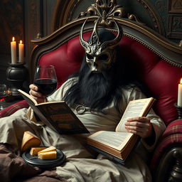 A bearded man with long black hair lounging comfortably on a regal bed, draped in luxurious fabrics