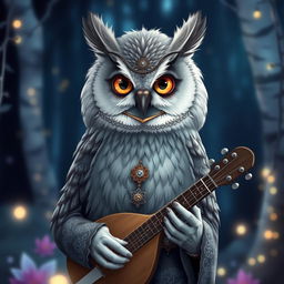 A portrait of a charming grey owlin bard, showcasing elegant grey feathers with subtle hints of silver and white