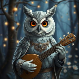 A portrait of a charming grey owlin bard, showcasing elegant grey feathers with subtle hints of silver and white