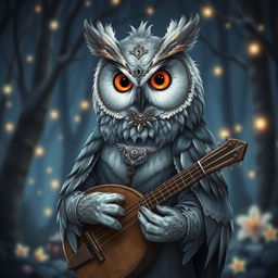 A portrait of a charming grey owlin bard, showcasing elegant grey feathers with subtle hints of silver and white