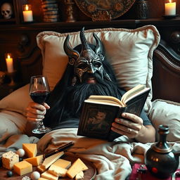 A bearded man with long black hair lounging cheerfully on a luxurious bed, surrounded by plush pillows