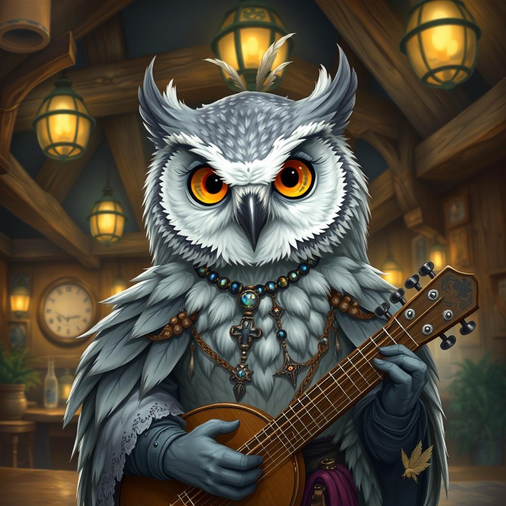 A detailed portrait of a grey owlin bard from Dungeons & Dragons, featuring soft grey and white feathers with subtle patterns reminiscent of the night sky