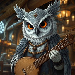 A detailed portrait of a grey owlin bard from Dungeons & Dragons, featuring soft grey and white feathers with subtle patterns reminiscent of the night sky